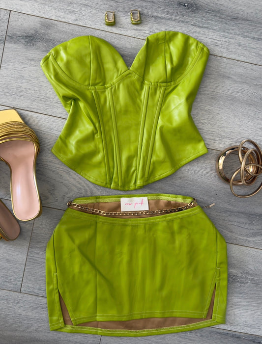 Chartreuse Green Leather Corset + Mini Skirt Set
