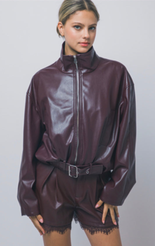 Burgundy Structured Vegan Leather Jacket