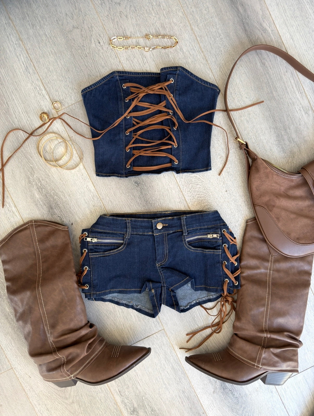 Denim Laced Up Corset + Mini Short Set