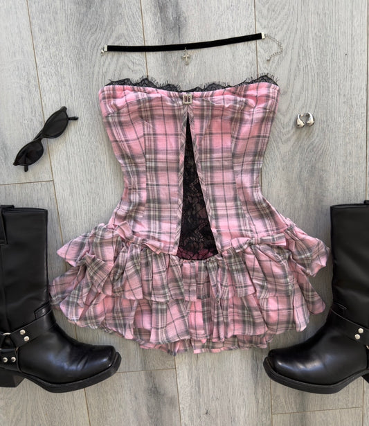 Pink Plaid Ruffle Bottom Dress
