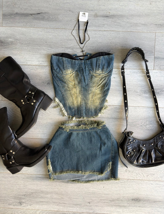 Y2K Denim Contrast Corset + Mini Skirt