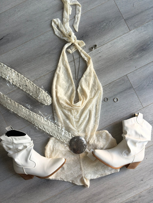 Cream Lace Cowl Neck Romper