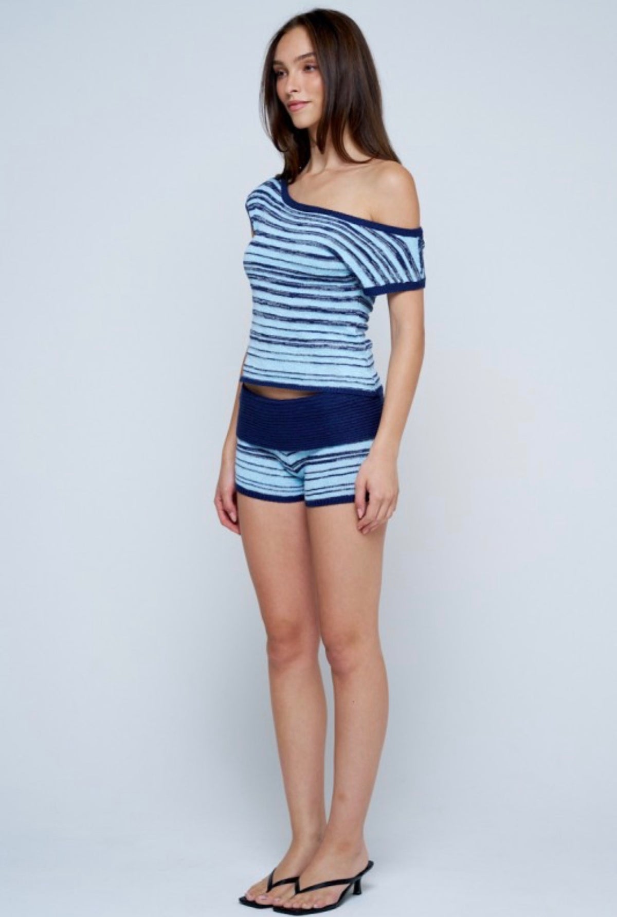 Navy Blue Striped Knit Short Set
