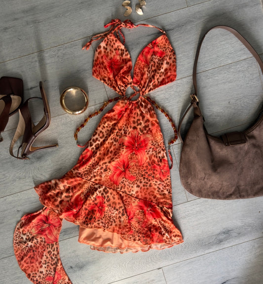 Orange Leopard Cutout Ruffle Dress