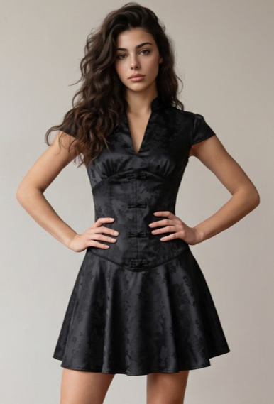 Black Satin Button Up Corset Dress