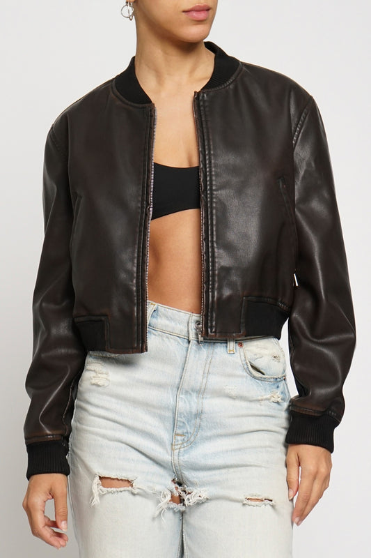 Acid Wash Leather Bomber Jacket