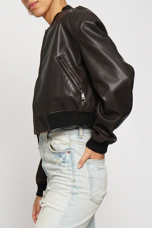 Acid Wash Leather Bomber Jacket