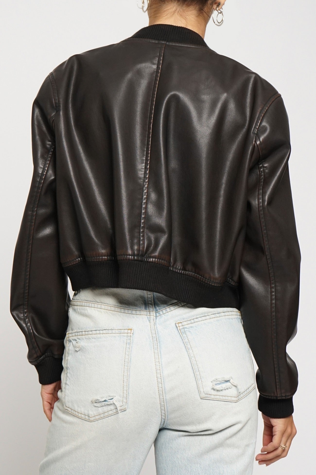 Acid Wash Leather Bomber Jacket