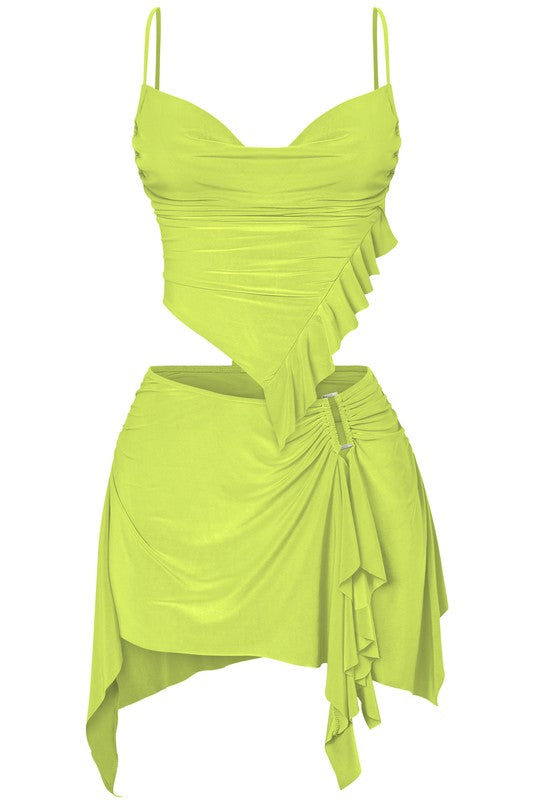 Ruffle Asymetrical Skirt Set Lime