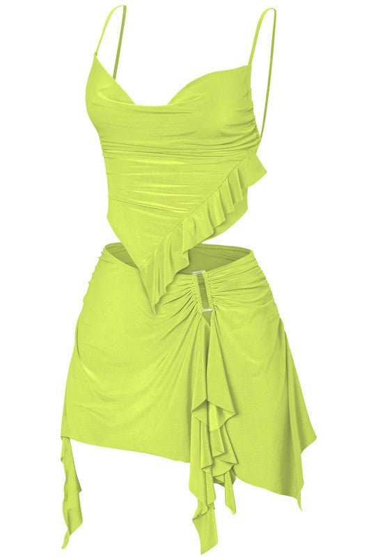 Ruffle Asymetrical Skirt Set Lime