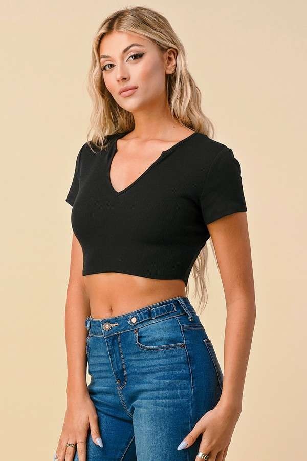 Slit Ribbed Casual Top Black