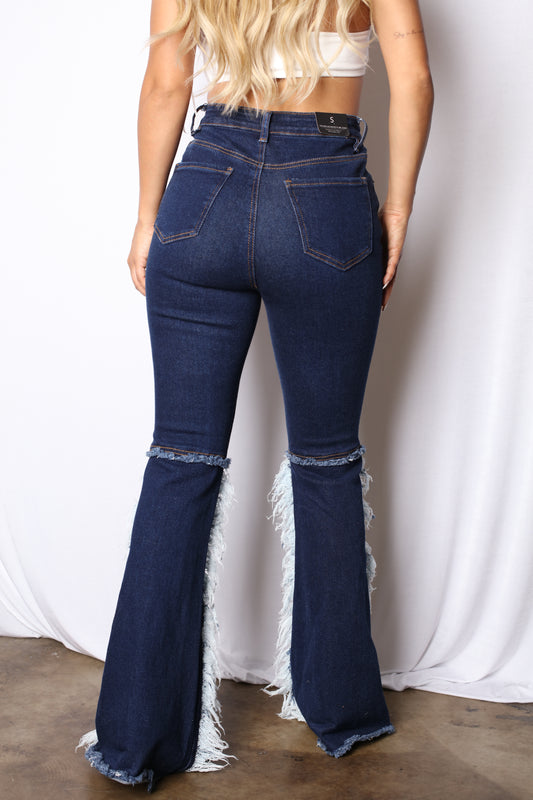 Patched Color Block Distressed Bell Bottom Jeans