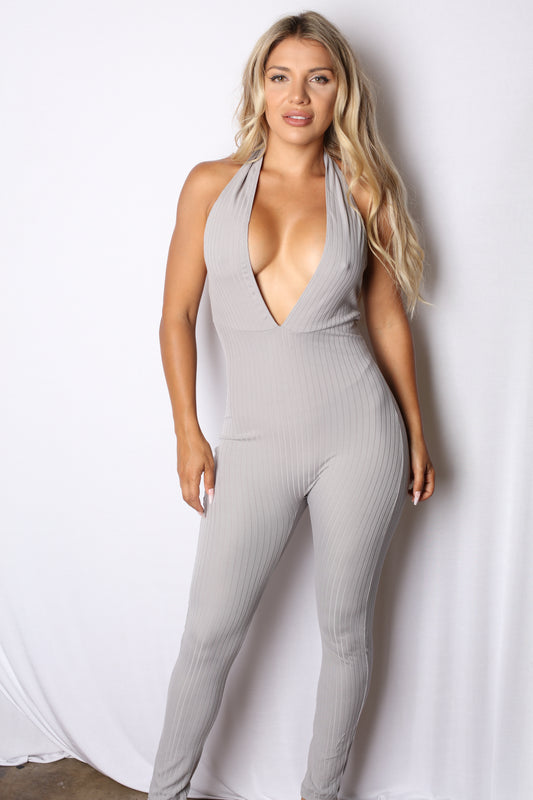 Gray Ribbed Halter Catsuit