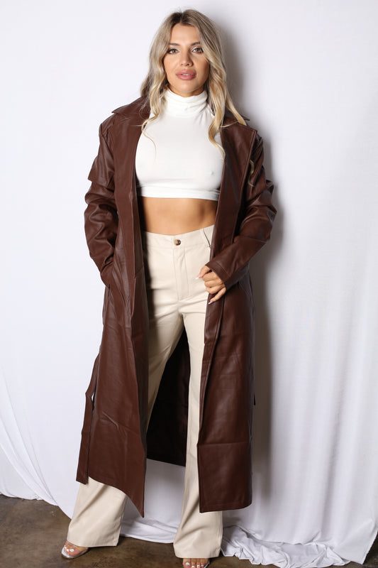 Leather Longline Trench Coat Brown