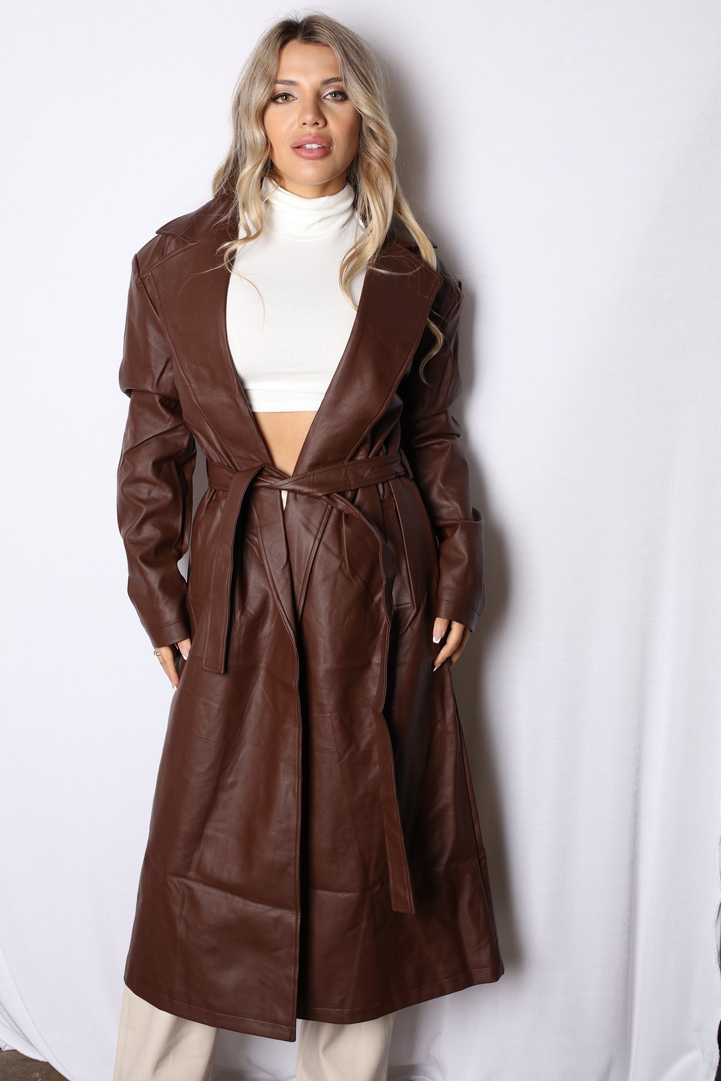 Leather Longline Trench Coat Brown