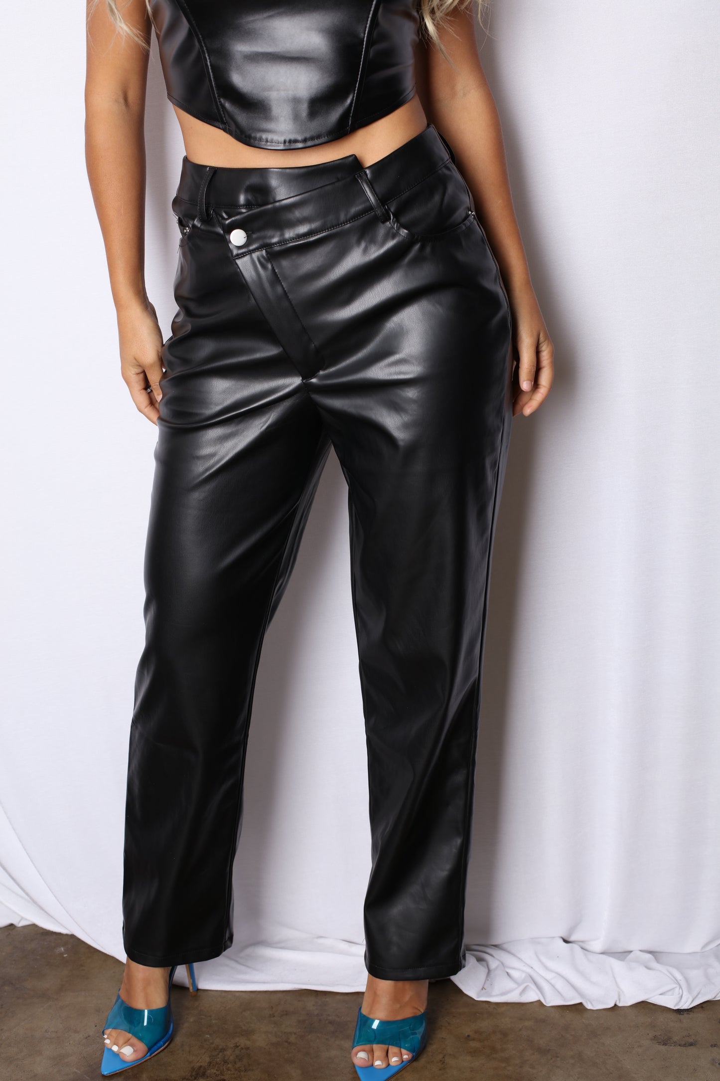 Leather Off Button Wide Leg Pants