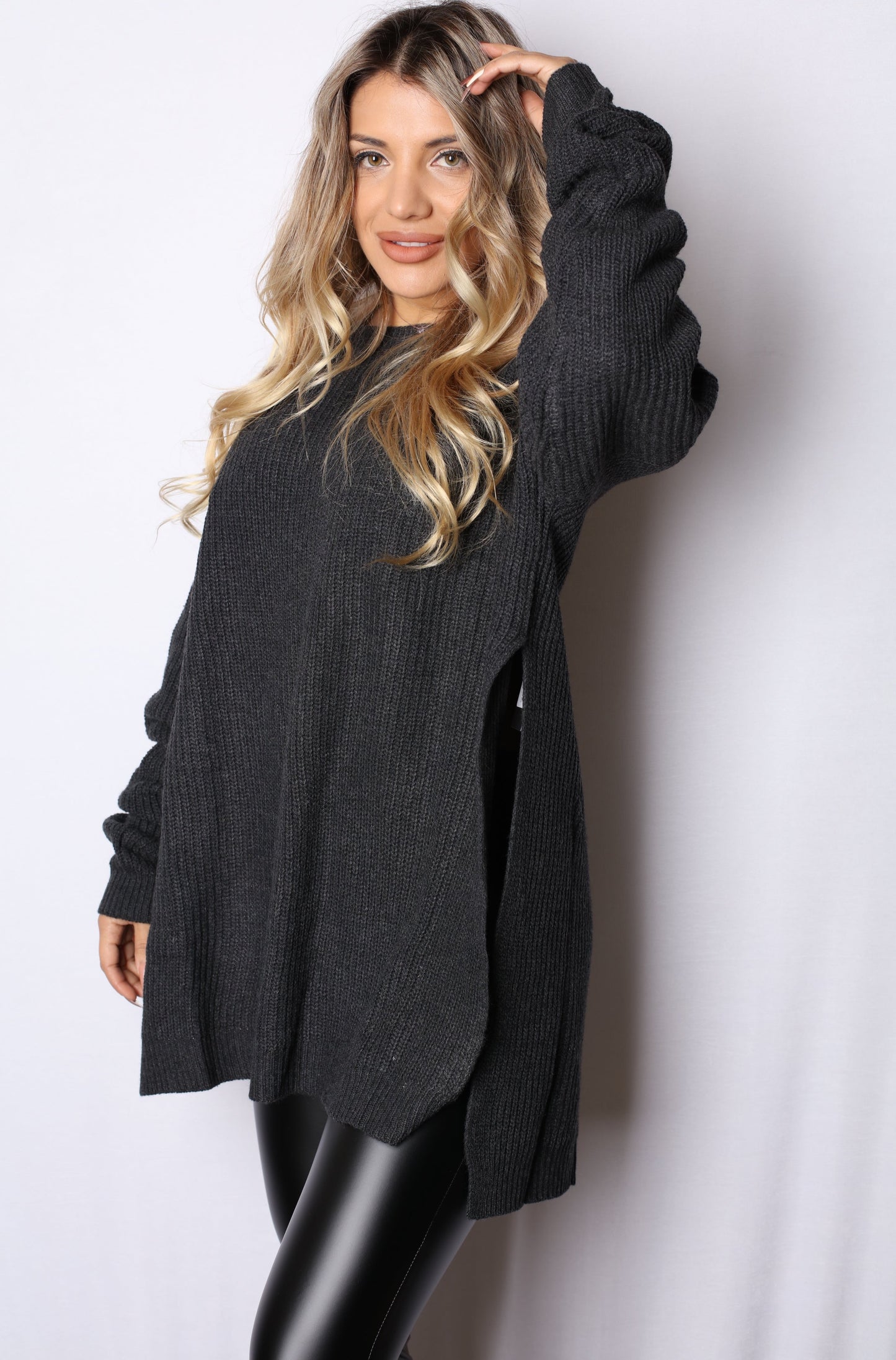 Knit Double Slit Sweater Dress Black