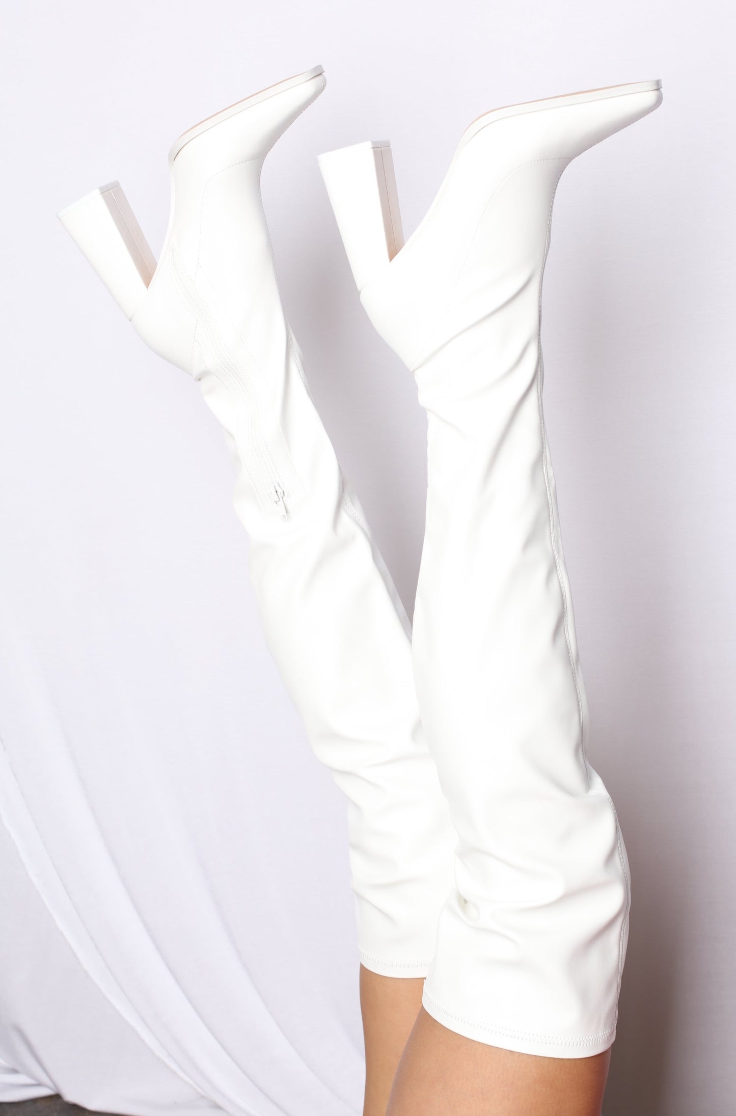 White Square Toe Thigh High Boots