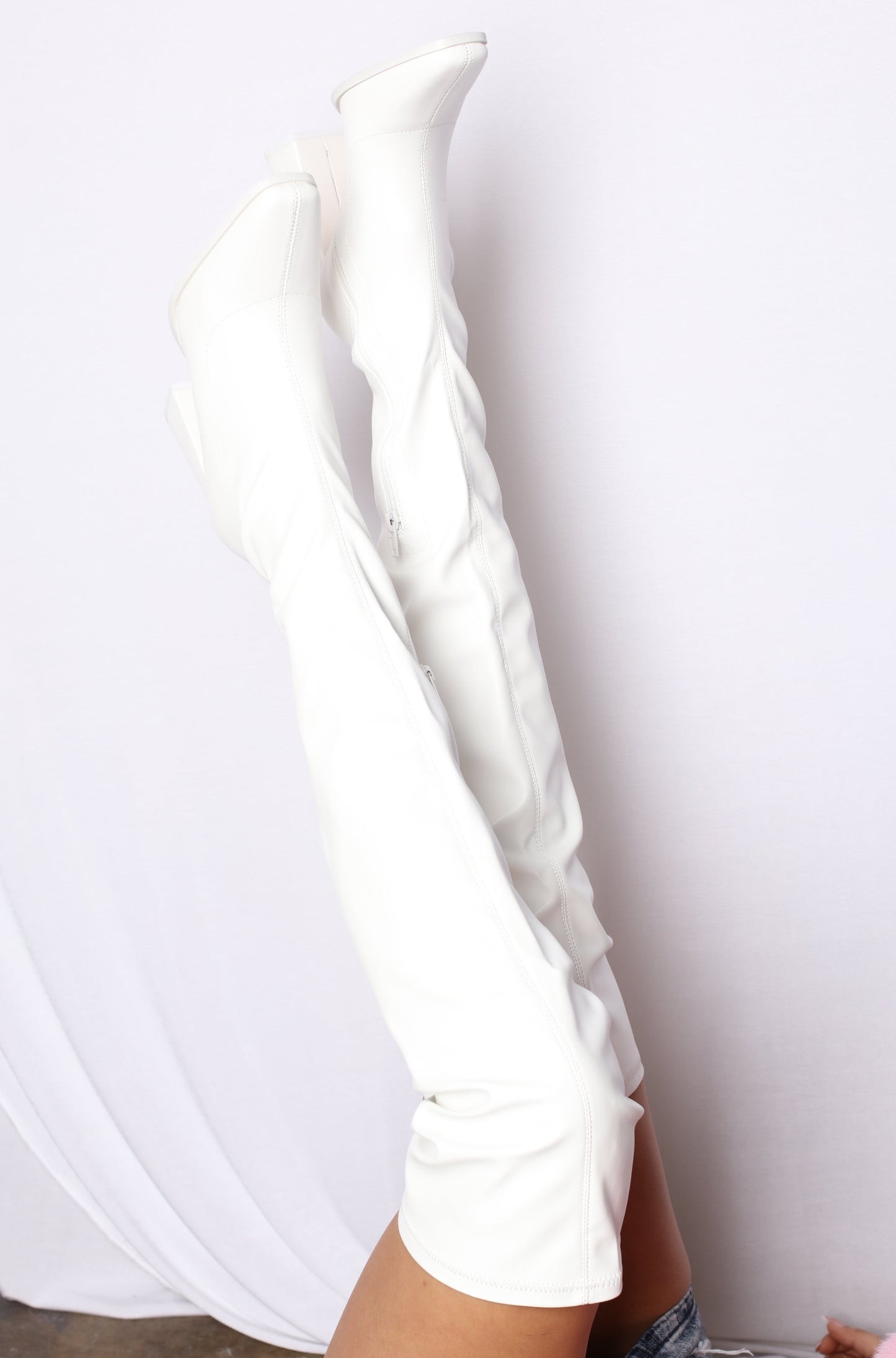 White Square Toe Thigh High Boots