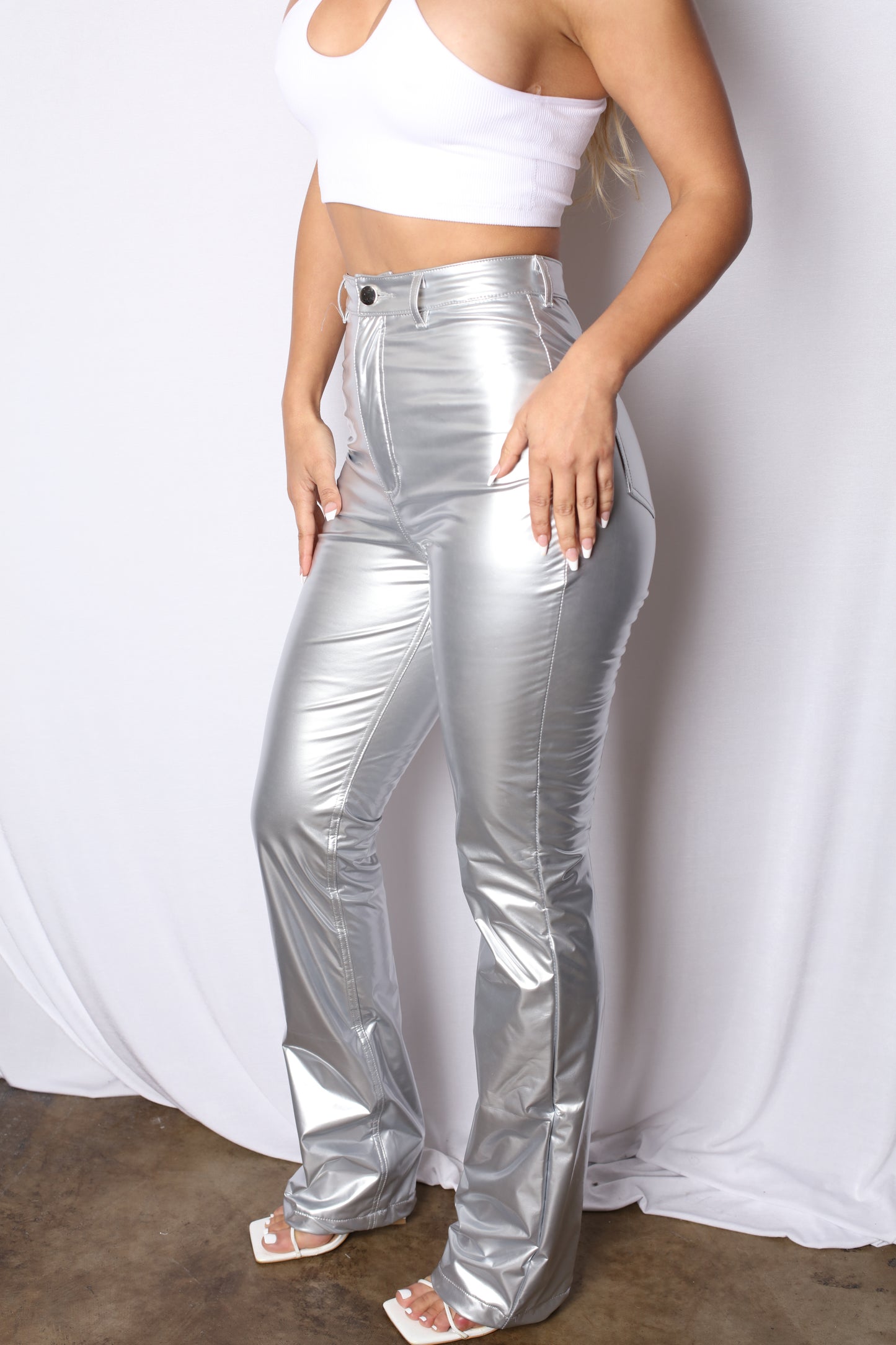 Silver Metallic Wide Leg Leather Pants