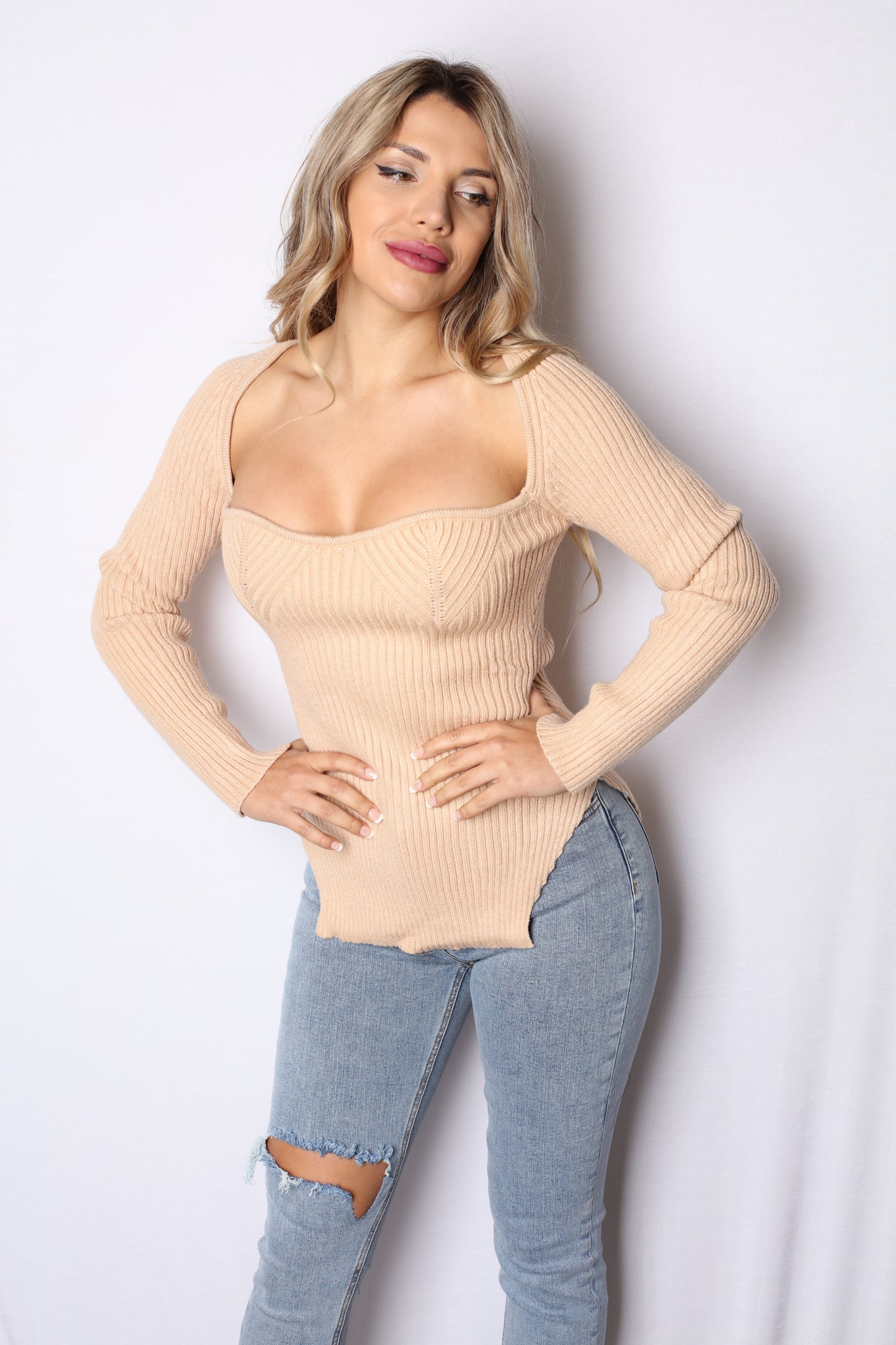 Thick Knit Square Top Long Sleeve Nude