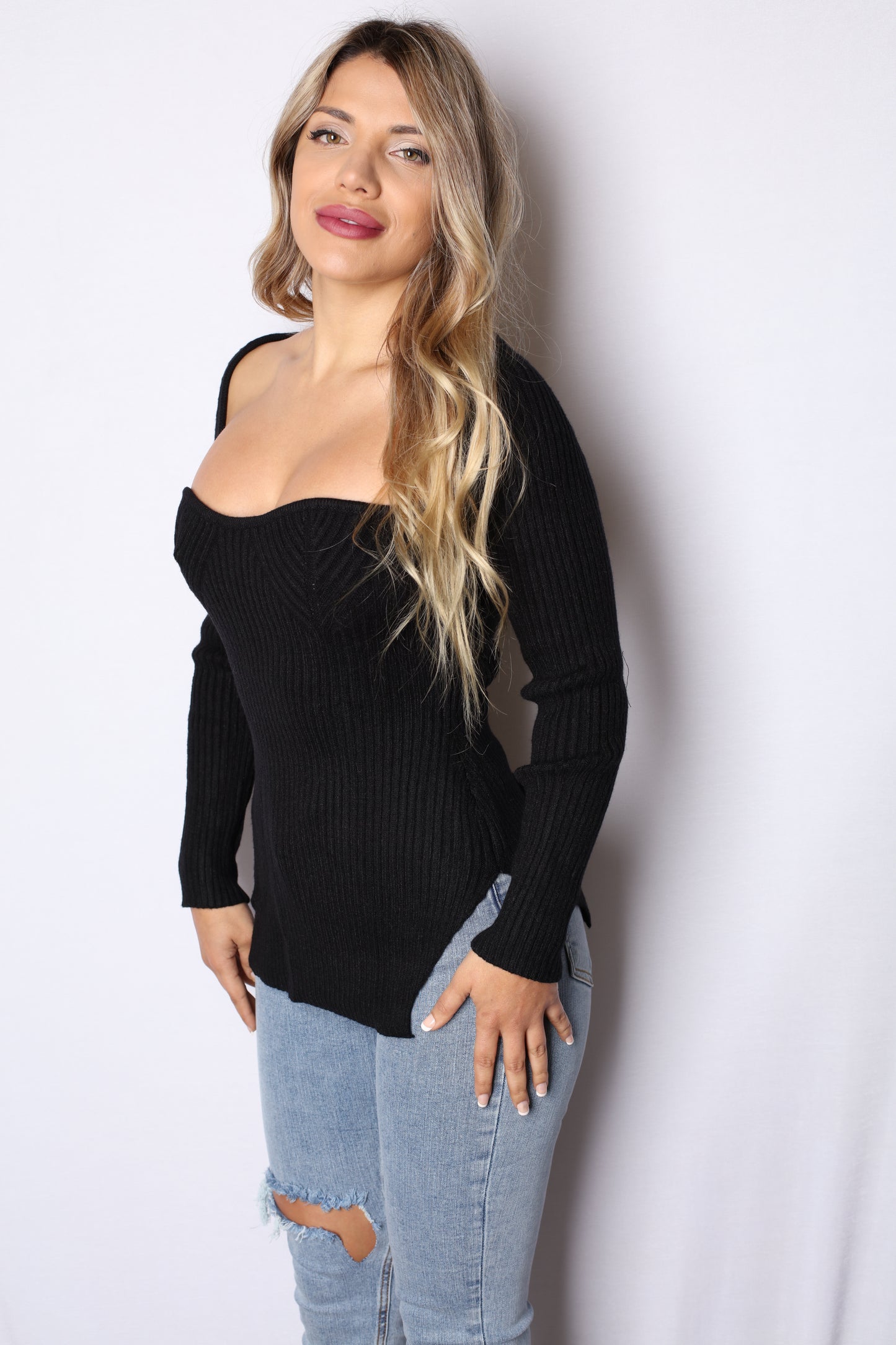 Thick Knit Square Top Long Sleeve Black