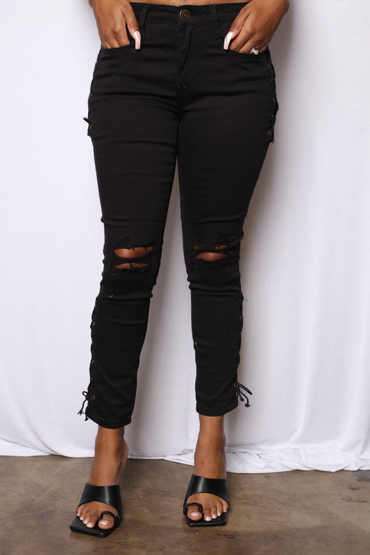 Laced Up Mid Rise Black Pants