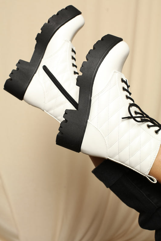 Quilted White Lug Sole Boots