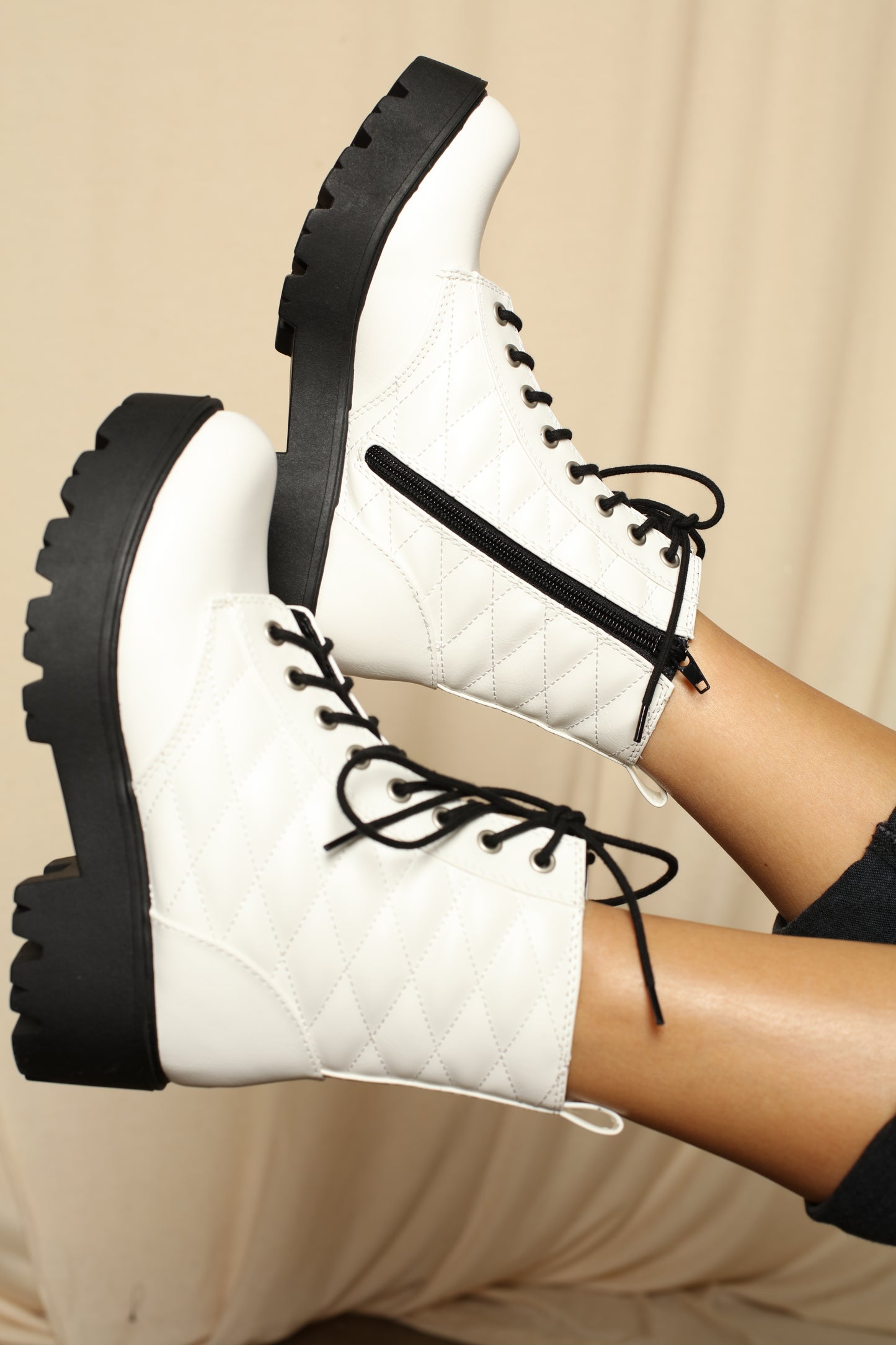 Quilted White Lug Sole Boots