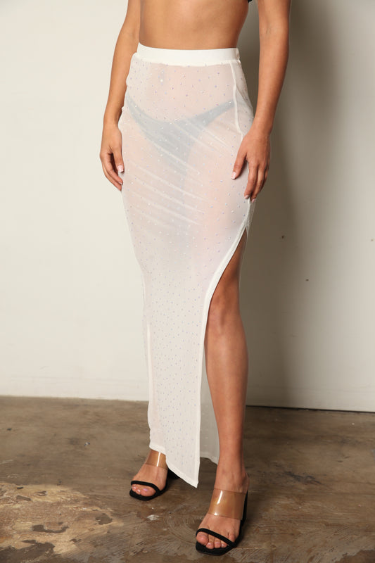 Mesh & Diamonds Hi Slit Sheer Cover-Up Skirt White