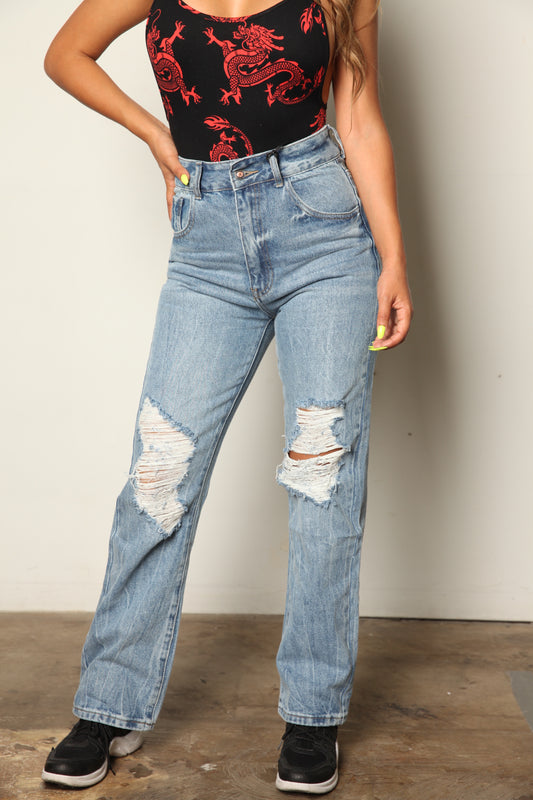 Washed High Rise Wide Leg Distressed Boyfriend Jeans